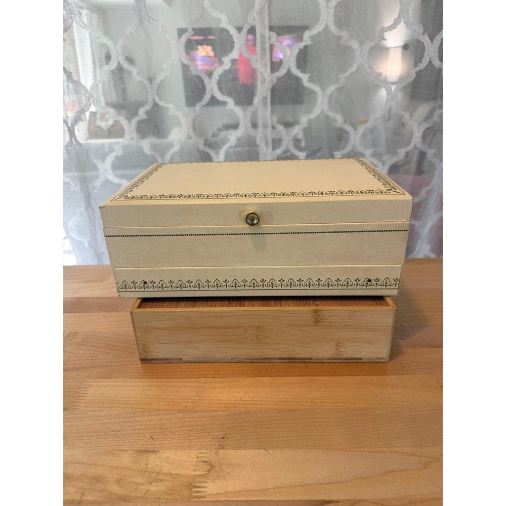 Vintage Cream Faux Leather Multi Tier Jewelry Box Blue Velvet Lilac Satin Lining